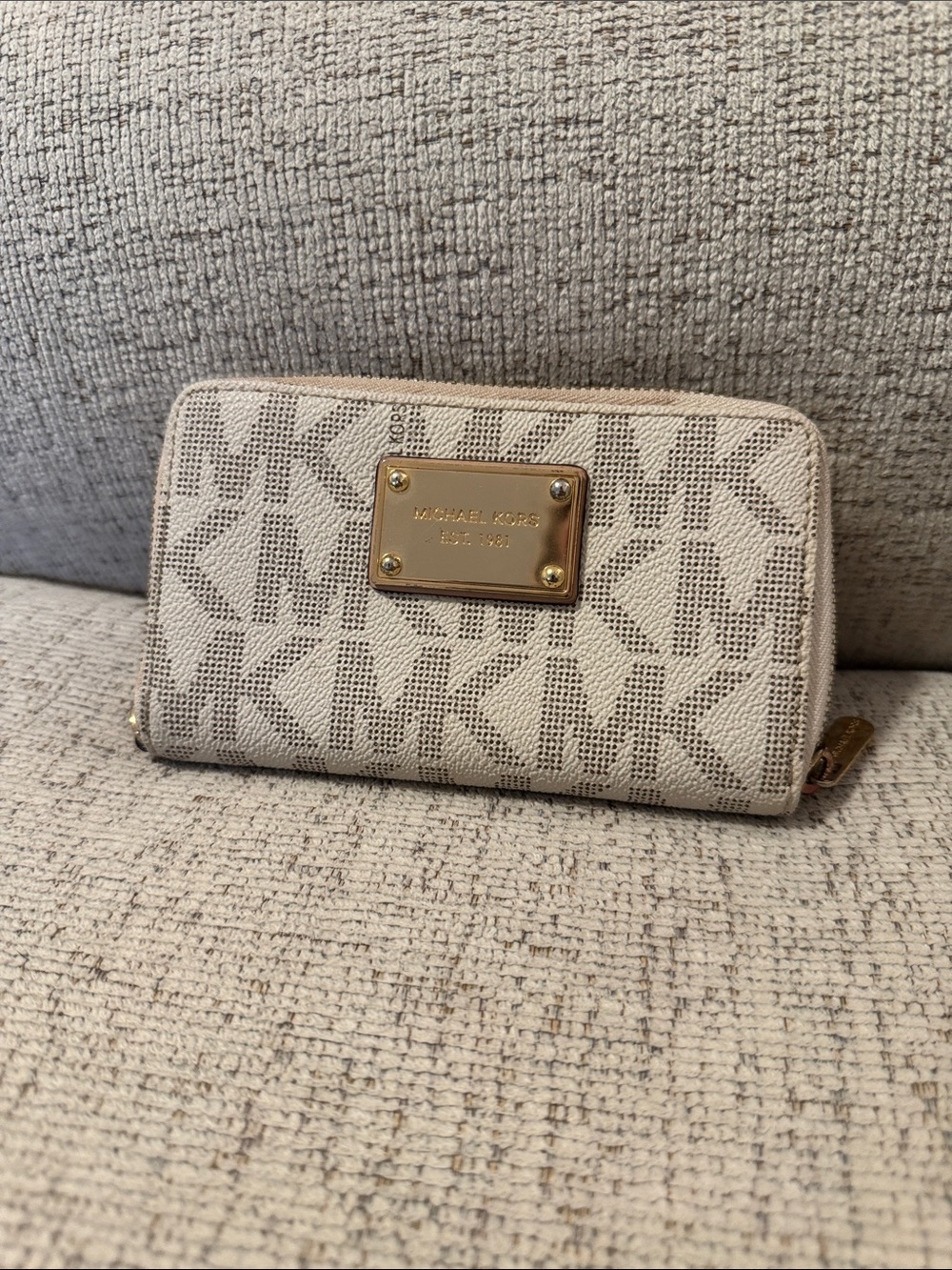 Michael Kors Neutral MK Logo Zip-Around Wallet with Gold Plaque